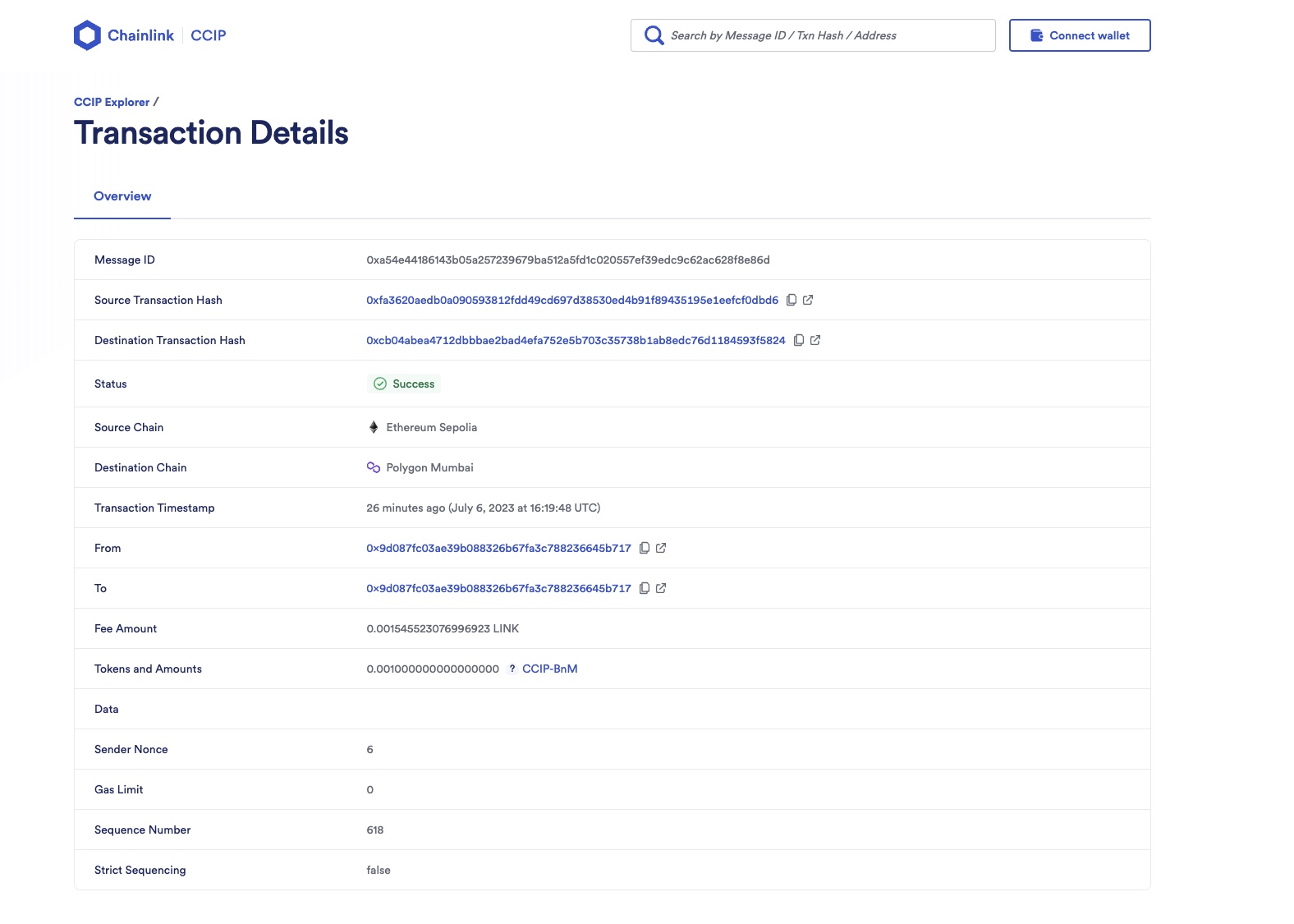 Chainlink CCIP Explorer transaction details